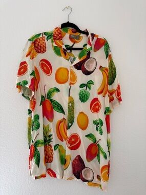 ASOS Cream Tropical Fruit Print Short Sleeve Button-Down Shirt